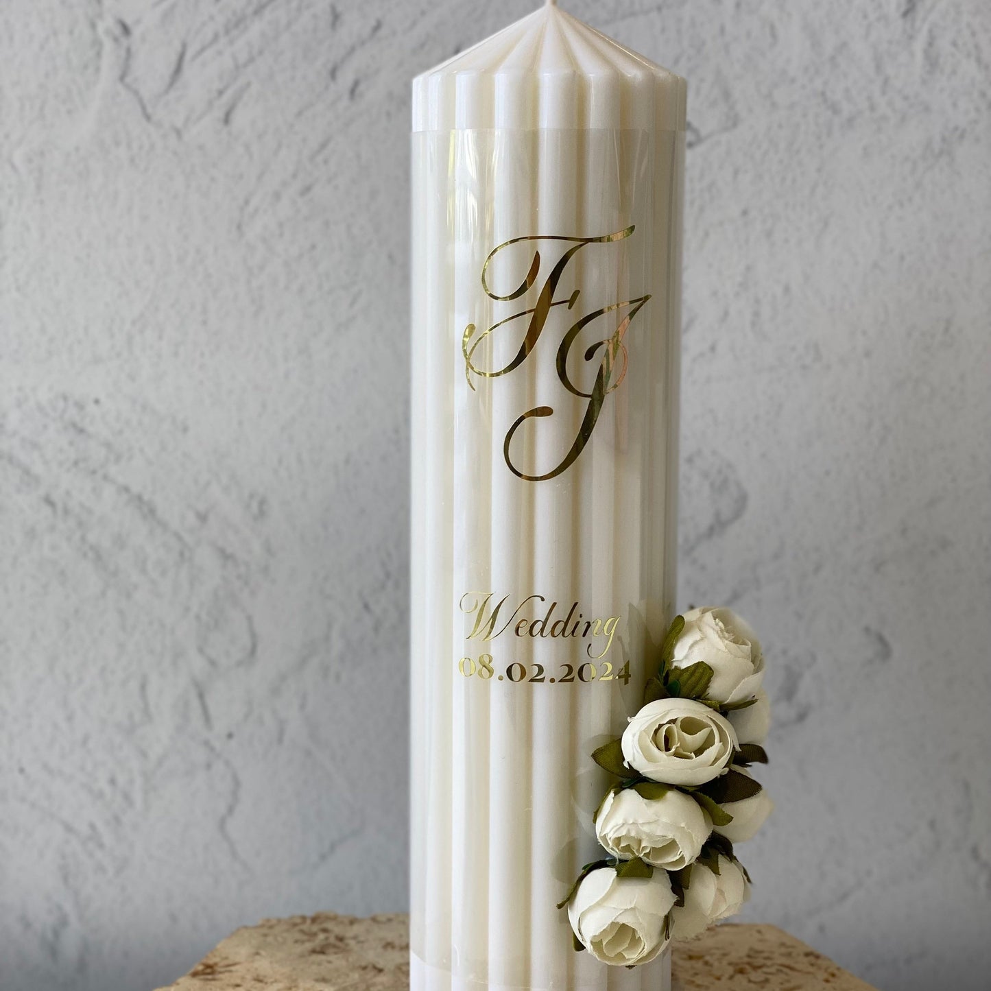 White Wedding Ribbed Pillar Candle