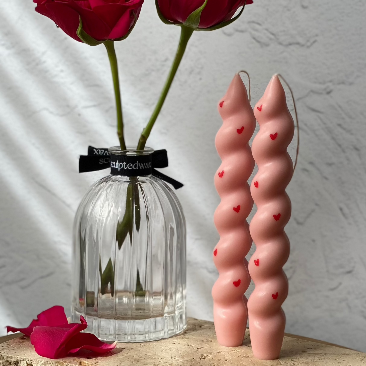 Pink Candle with red hearts | Pink taper candles | pink candle | vday gift ideas