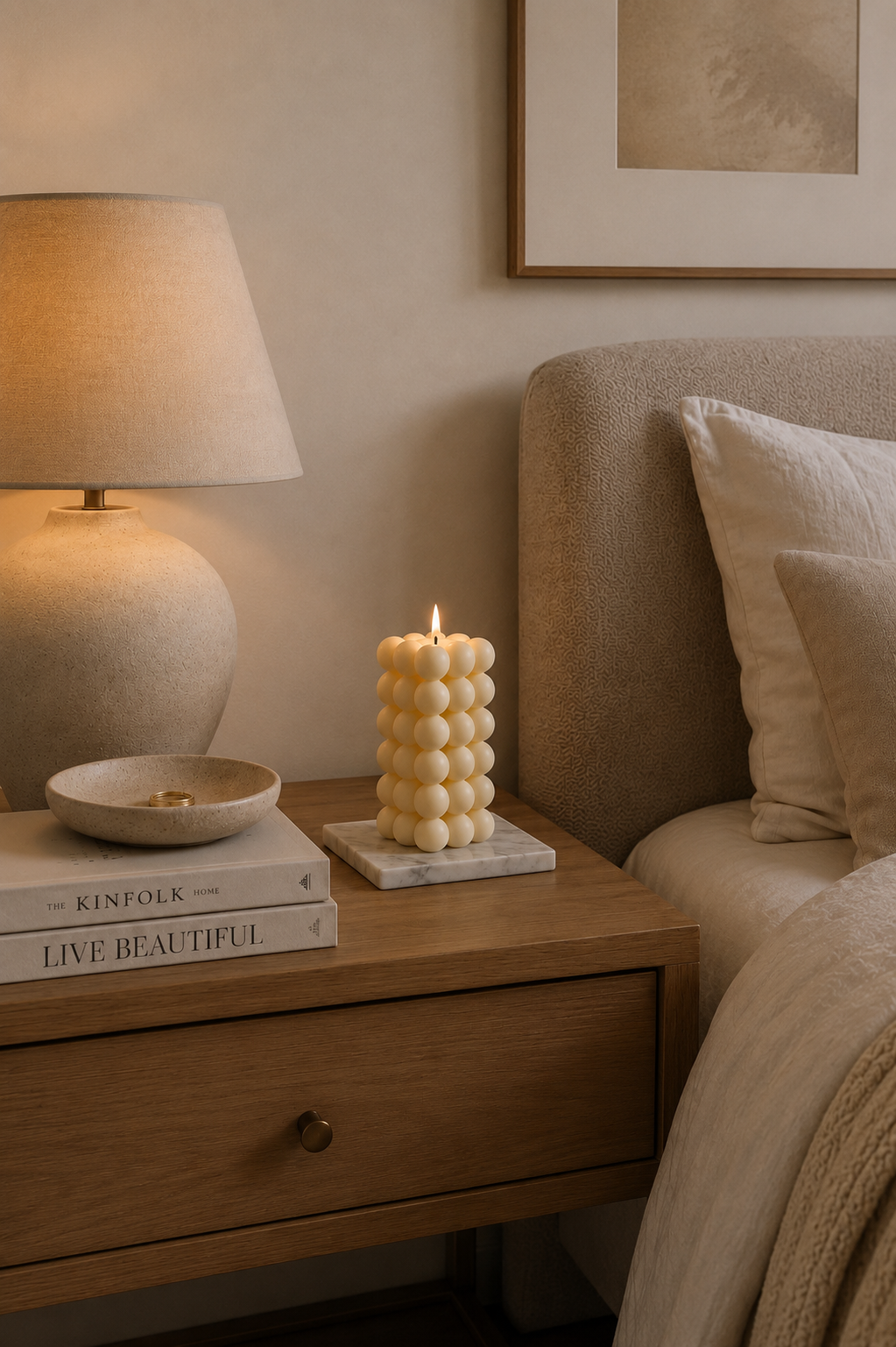 Bubble Candle on bedside table inspo Australia