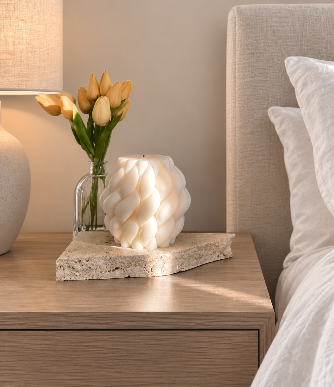 Chunky large sculptural candle Australia styling inspiration bedroom