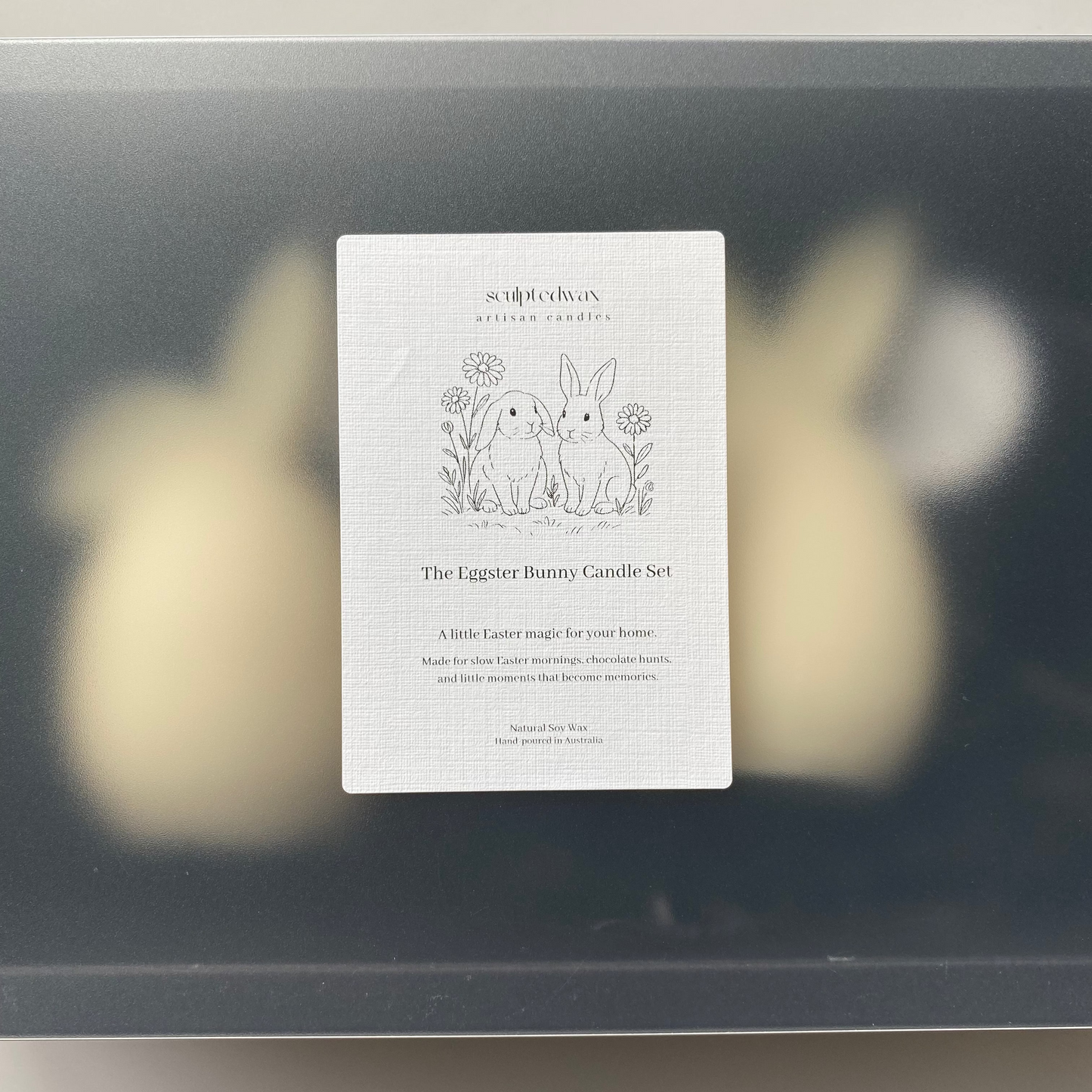Eggster Bunny sculptural candle set in packaging – modern Easter bunny candles hand-poured from natural soy wax by Sculptedwax Australia