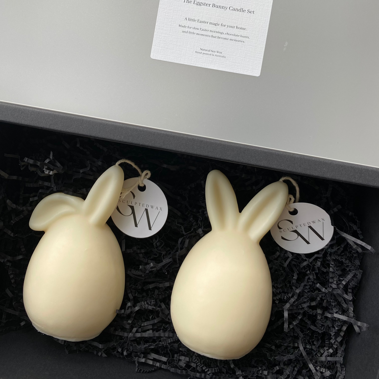 Eggster Bunny Easter candle set packaged for gifting – sculptural soy wax bunny candles designed for modern Easter tables