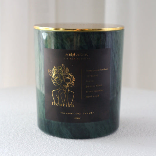 Flourish limited edition luxury scented candle in glass jar, 400g coconut and soy wax blend by Sculptedwax Australia