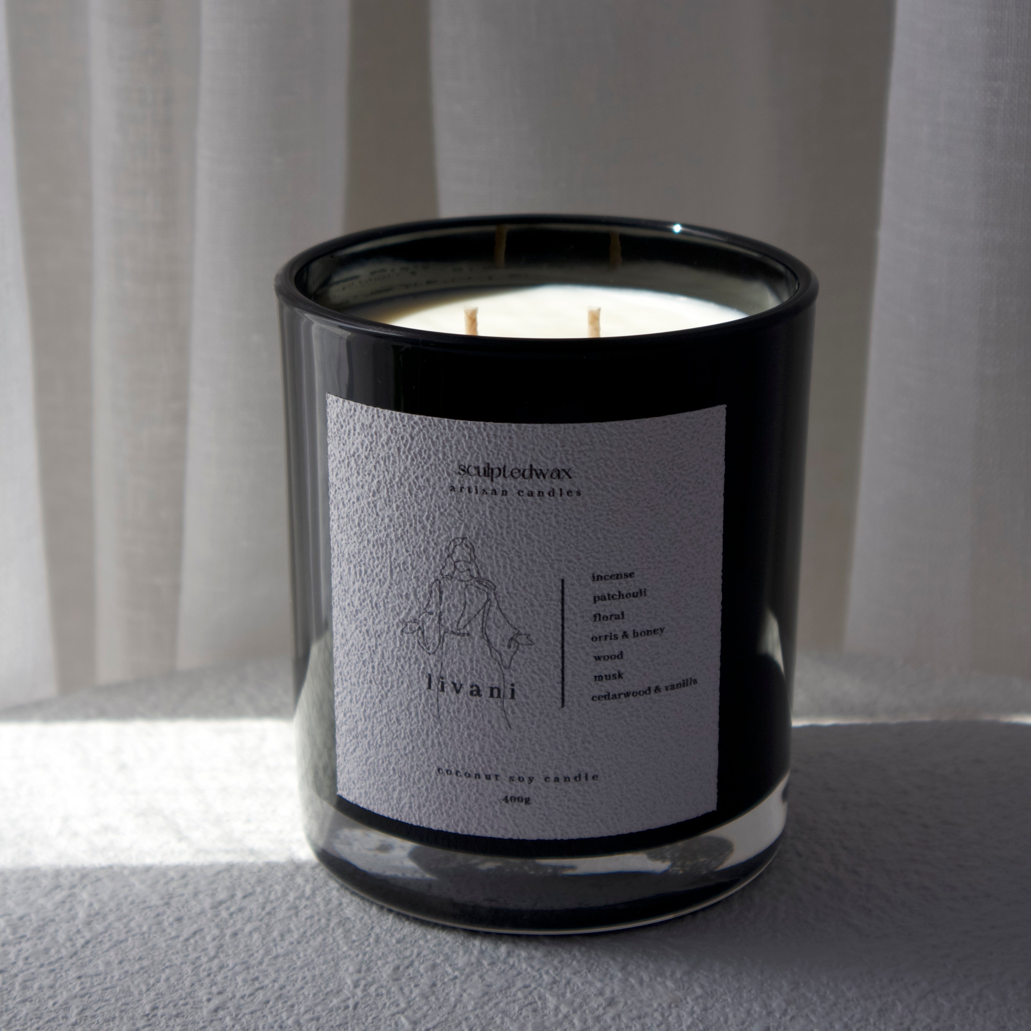 Livani limited edition luxury scented candle in glass jar, 400g coconut and soy wax blend by Sculptedwax Australia