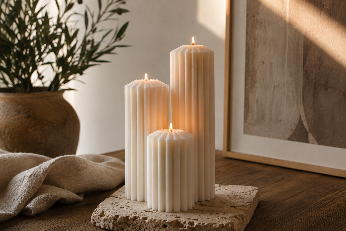 Modern home candle inspo Australia | Luxe ribbed pillar candles