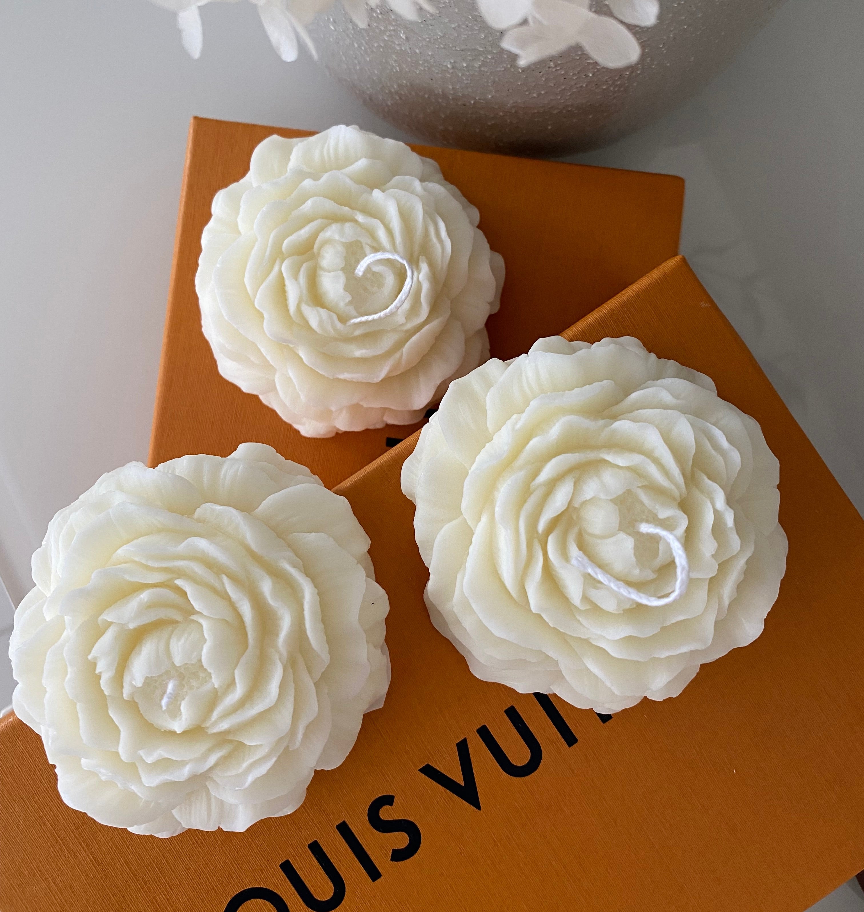 Peony flower sculptural candles made with natural wax