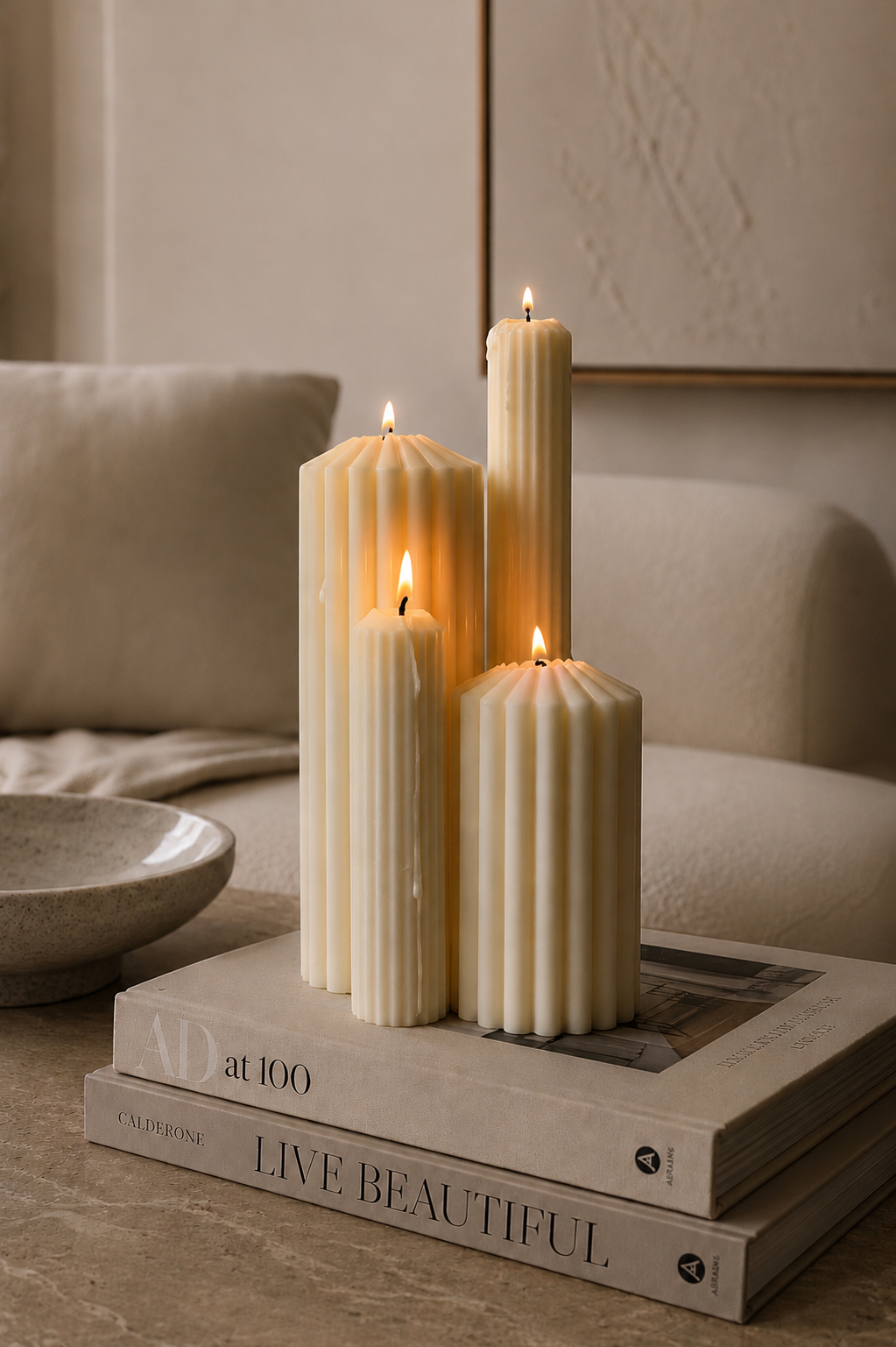 Housewarming gift ideas Australia | Sculptural pillar candles in a modern home