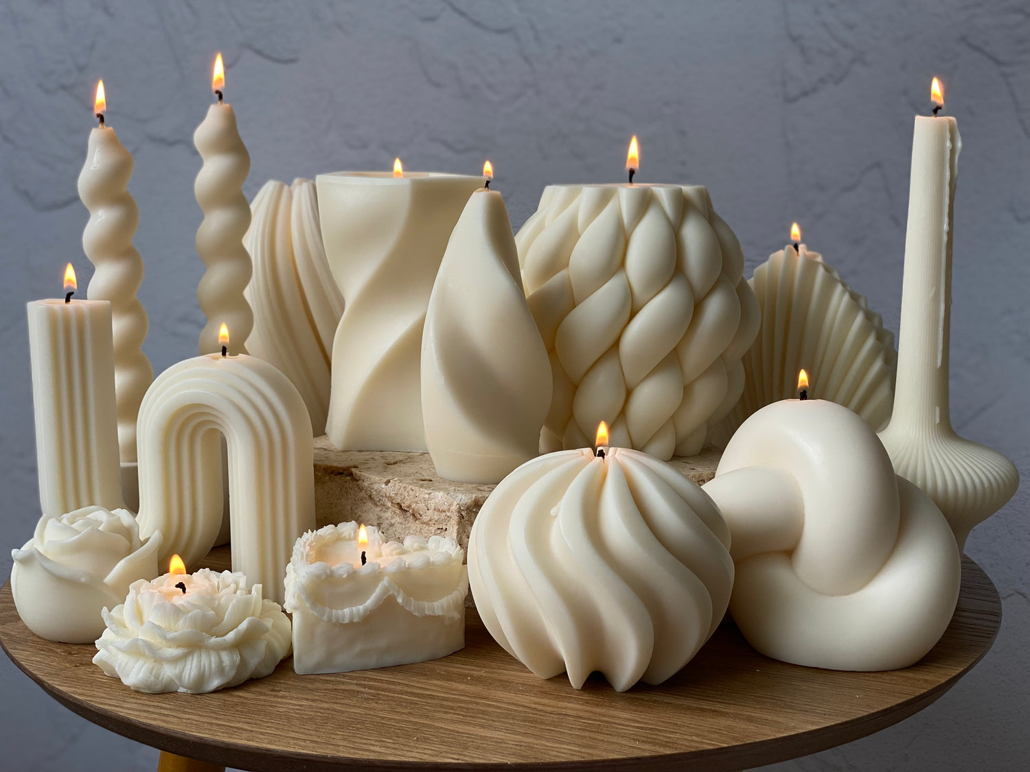 Pillar and sculptural candles made with natural soy wax
