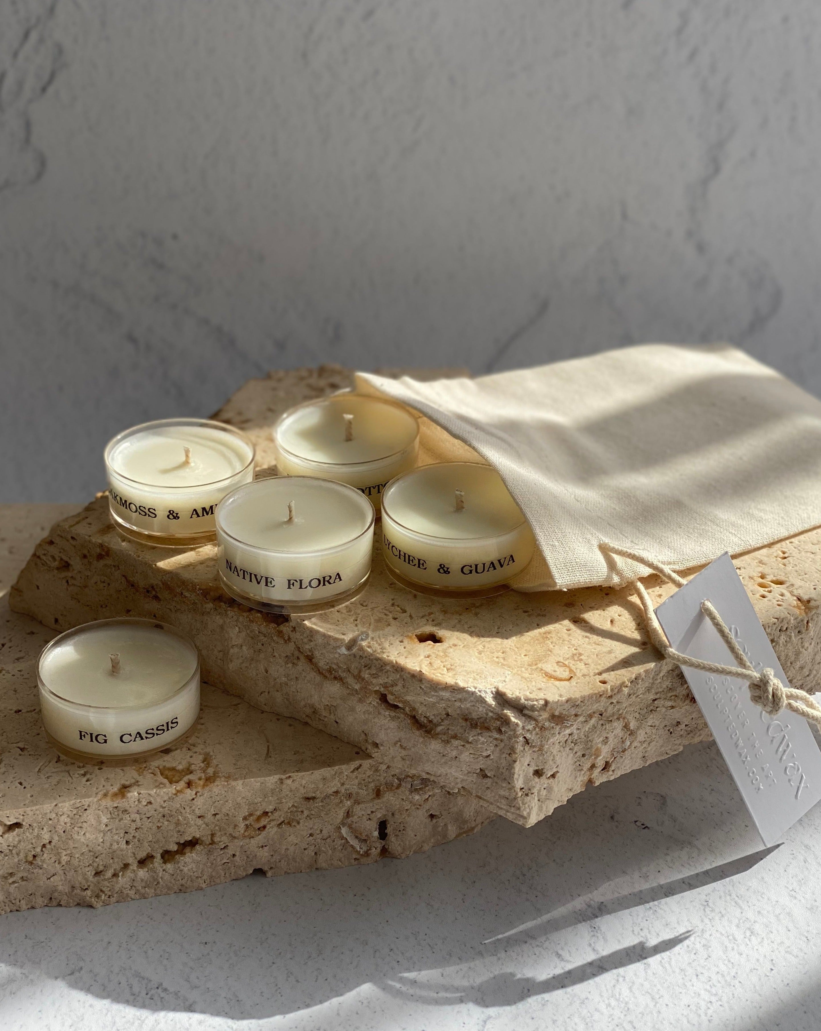 tealight Discovery Candle Set Lychee and guava | Oakmoss and amber | Fig Cassis | Native flora | Fresh Cotton 