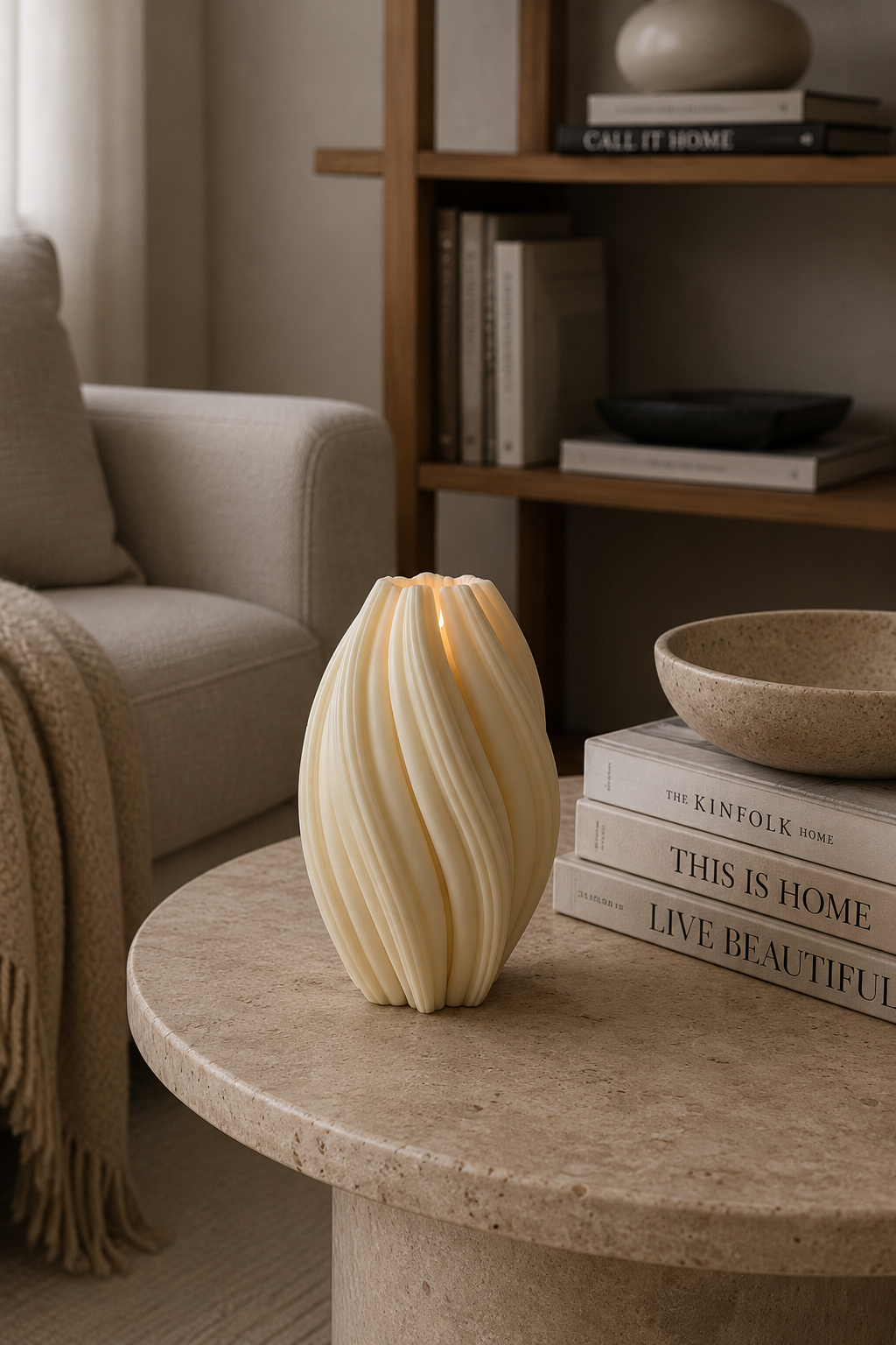 Whirl Sculptural Large Decorative Candle on modern coffee table