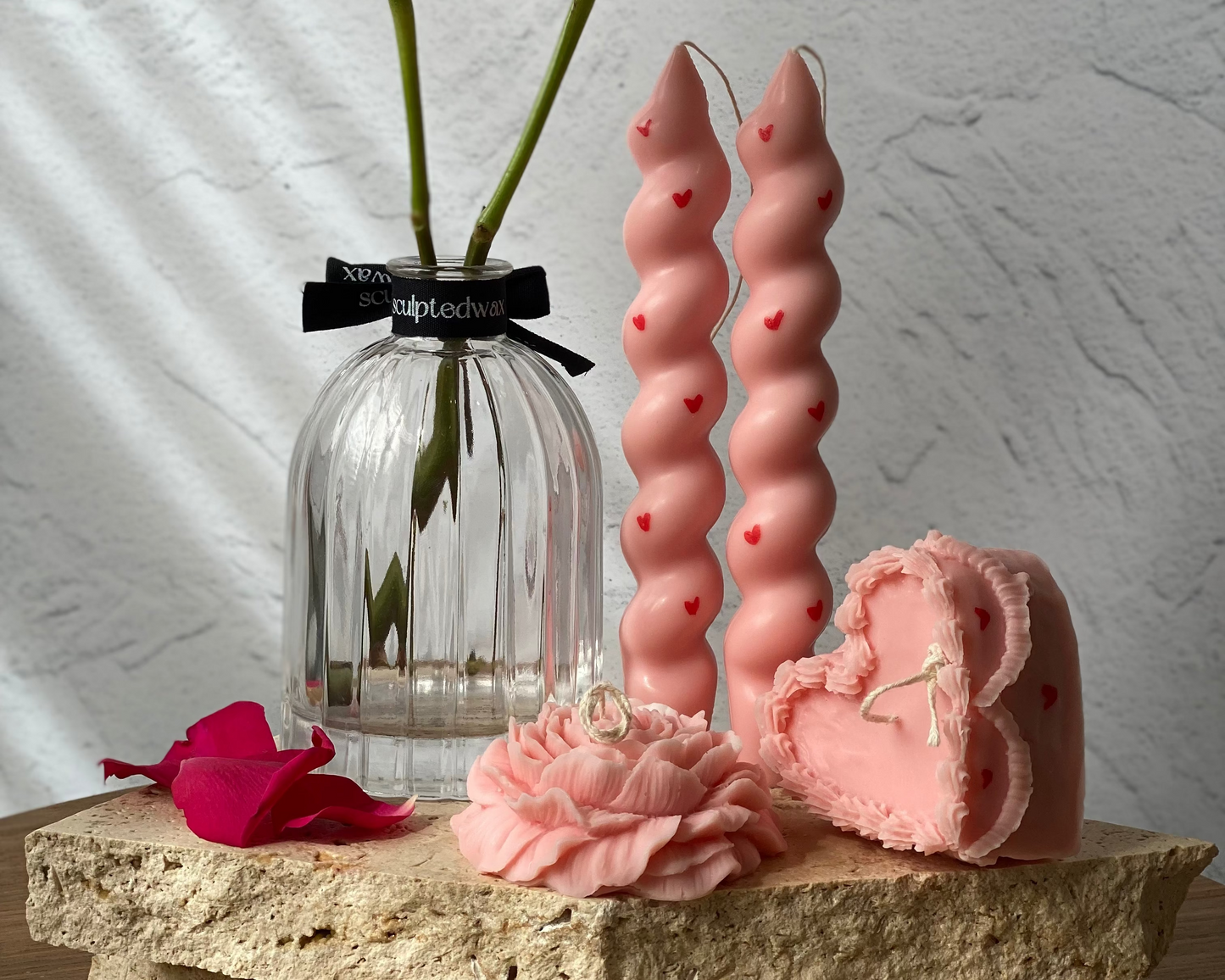 Pink Peony Flower Candles Sculptural Soy Candle Set of 3