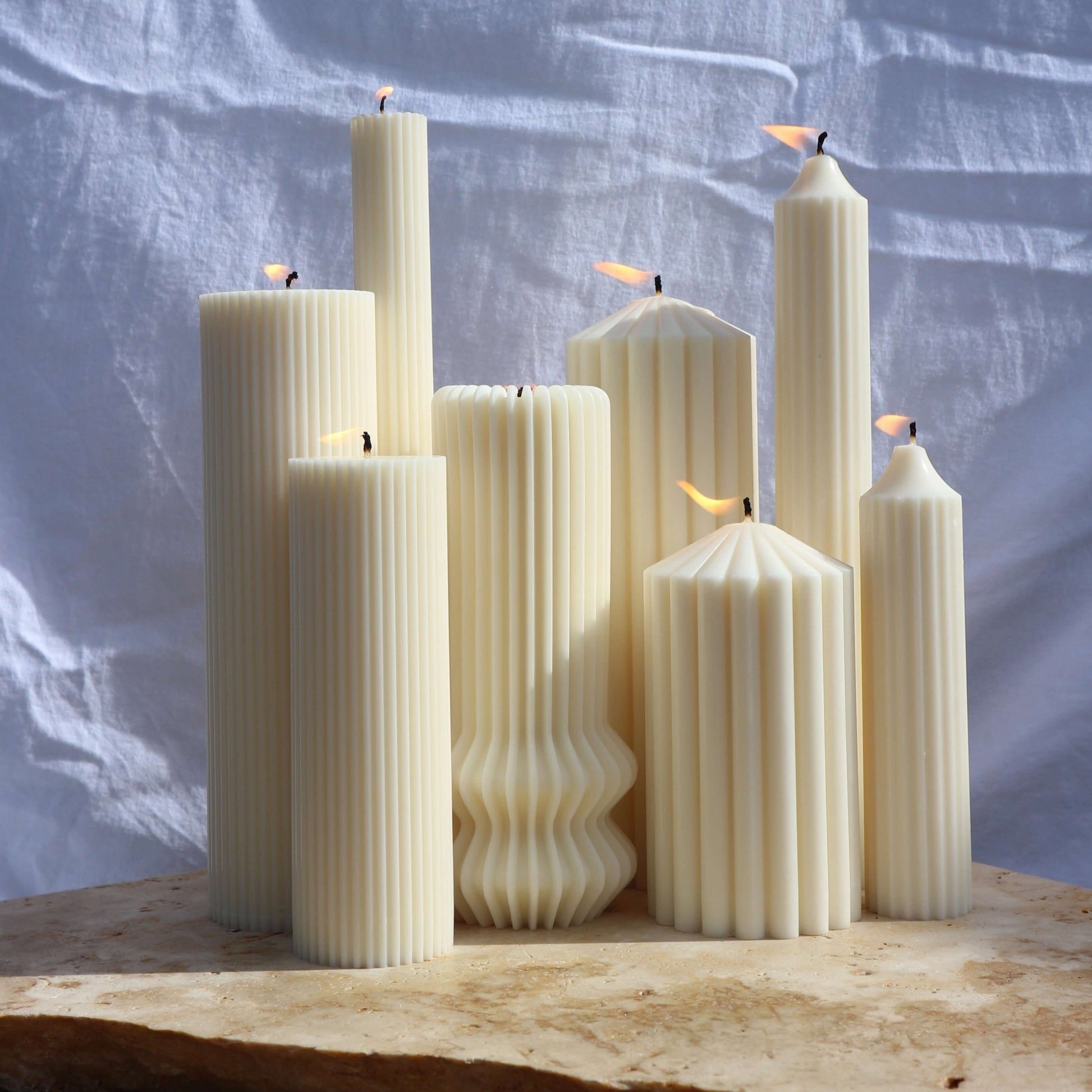 Aesthetic Ribbed Pillar Candles outdoor setting Australia 